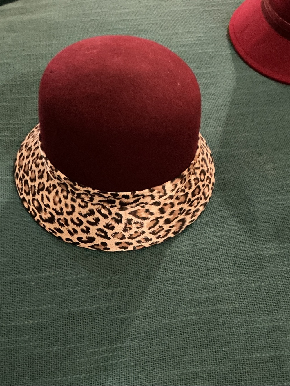 Vintage Burgundy Felt Cloche Hat with Leopard-Print Brim